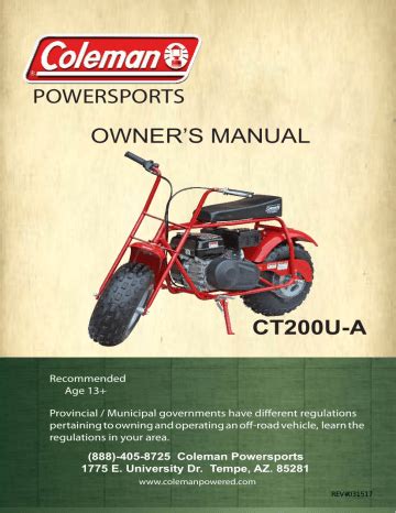 bike, please call Coleman Powersports toll free 888-405-8725. . Coleman ct200u parts manual